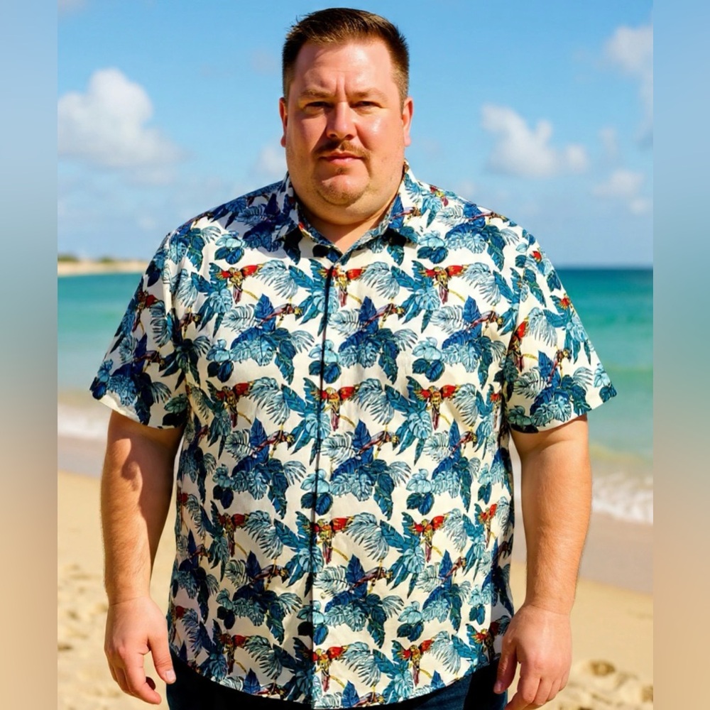 Tommy Bahama Blue and Cream Leaf & Parrot Print XXXL Shirt